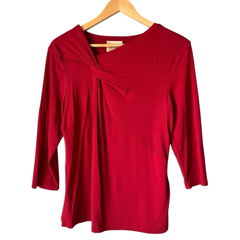 Elie Tahari Haute Red 3/4 Sleeve Asymmetrical Neck Jersey Top, NWT, Large